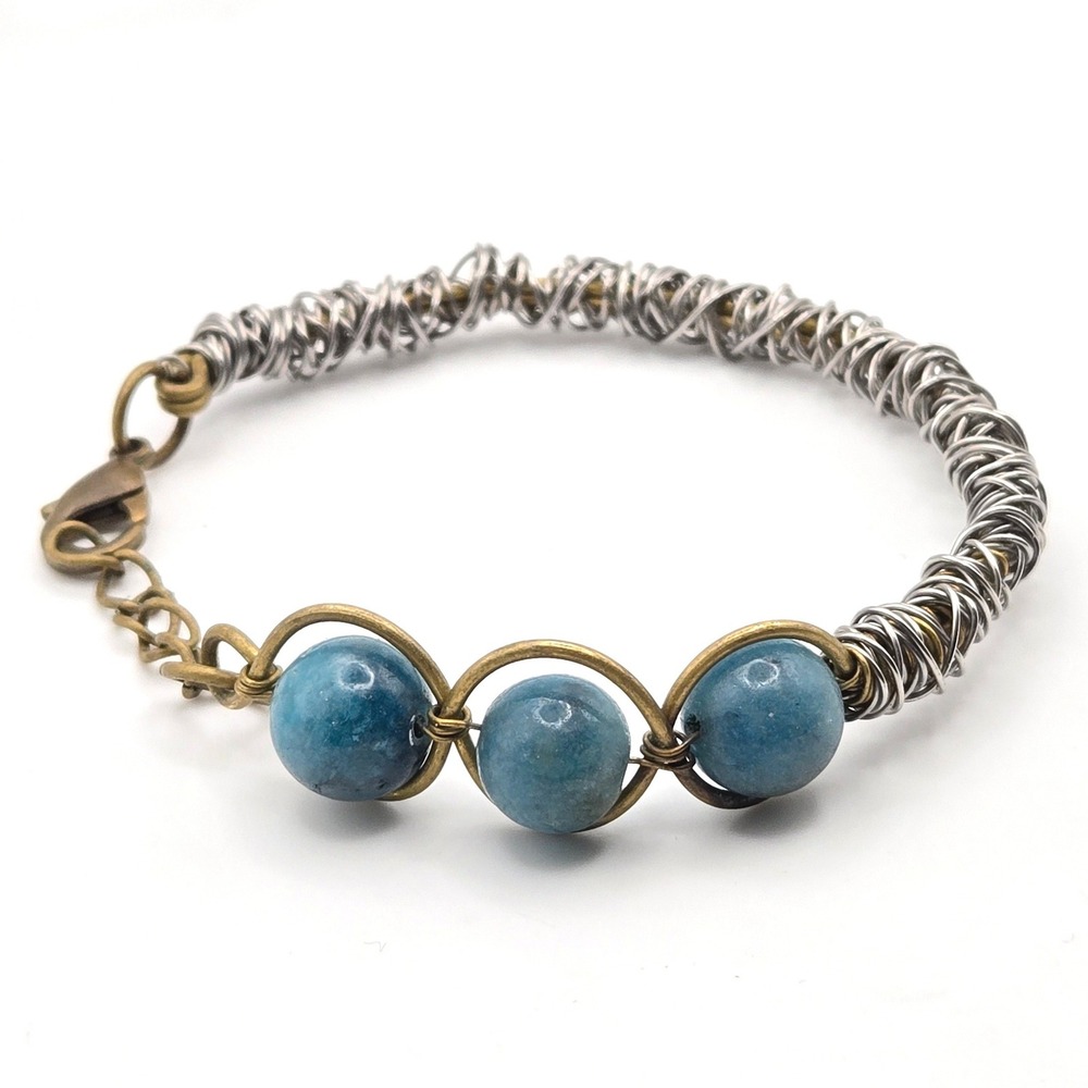 Handmade Blue Apatite Gemstone Wire Wrapped Mixed Metal Coil Bracelet Adjustable